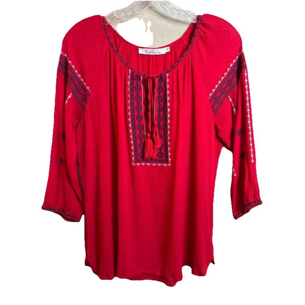 Solitaire Blouse Womens Medium Red White Blue Embroidery Boho J-Was‎ Vibes